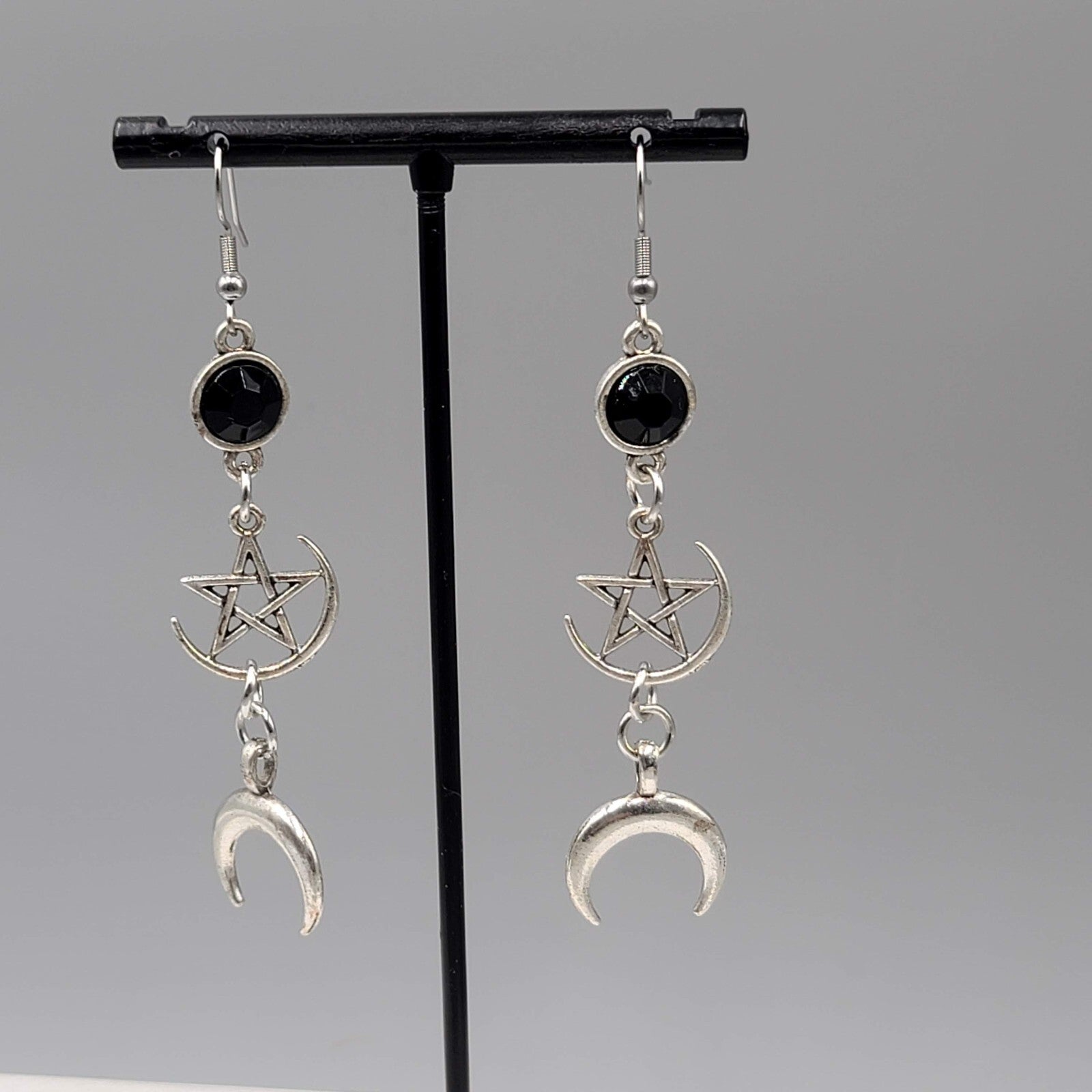 Pentagram Moon Pierced Earrings Black Accent Silver tone Long Dangle 2.5"