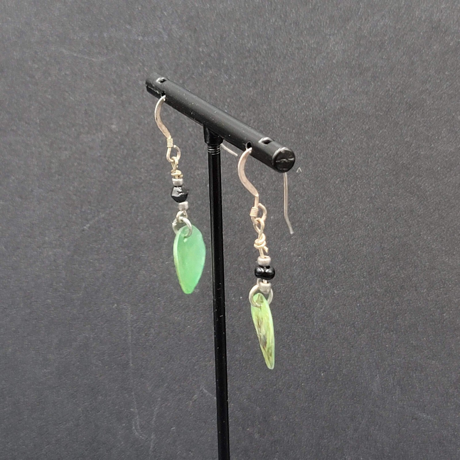 Pierced Earrings Sterling Silver Hooks Green Shell Dangle 1.25"