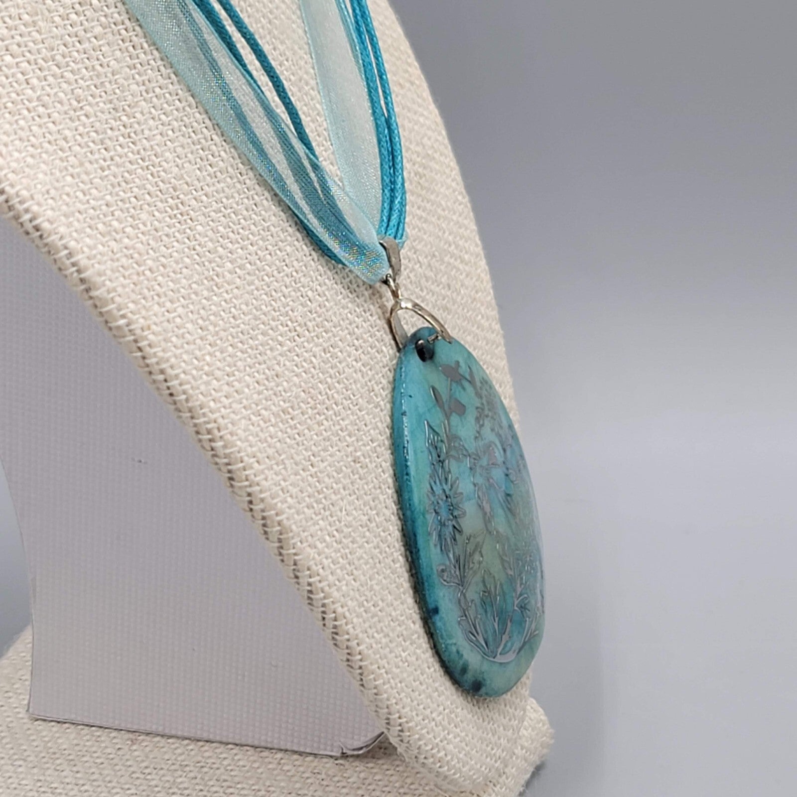 Blue Shell Pendant Necklace Ribbon Silver Embossed Butterfly Flowers 18"