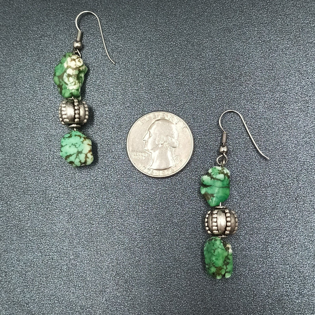 Pierced Earrings Silver tone Green Howlite Stone Beaded Statement Dangle 1 3/4"