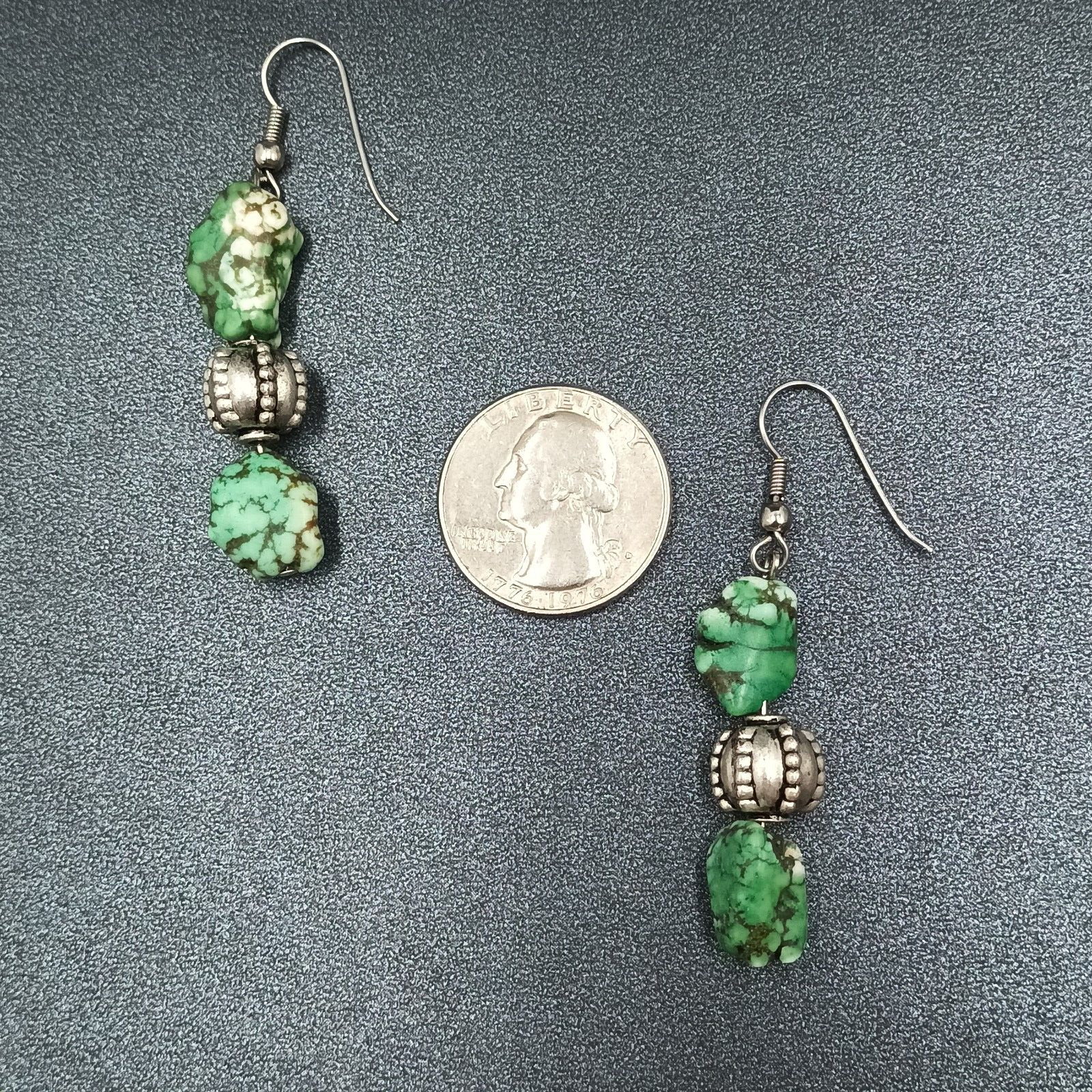 Pierced Earrings Silver tone Green Howlite Stone Beaded Statement Dangle 1 3/4"