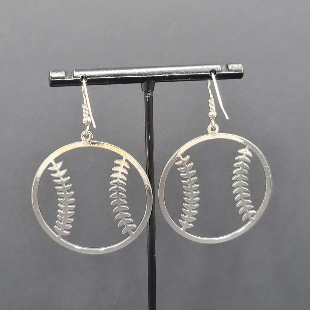 Baseball Pierced Earrings Open Work Silver tone Dangle 1 5/8"