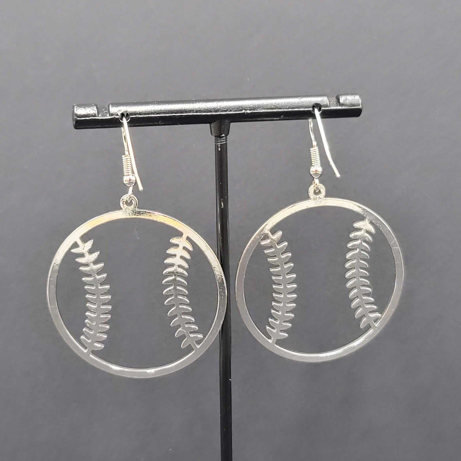 Baseball Pierced Earrings Open Work Silver tone Dangle 1 5/8"