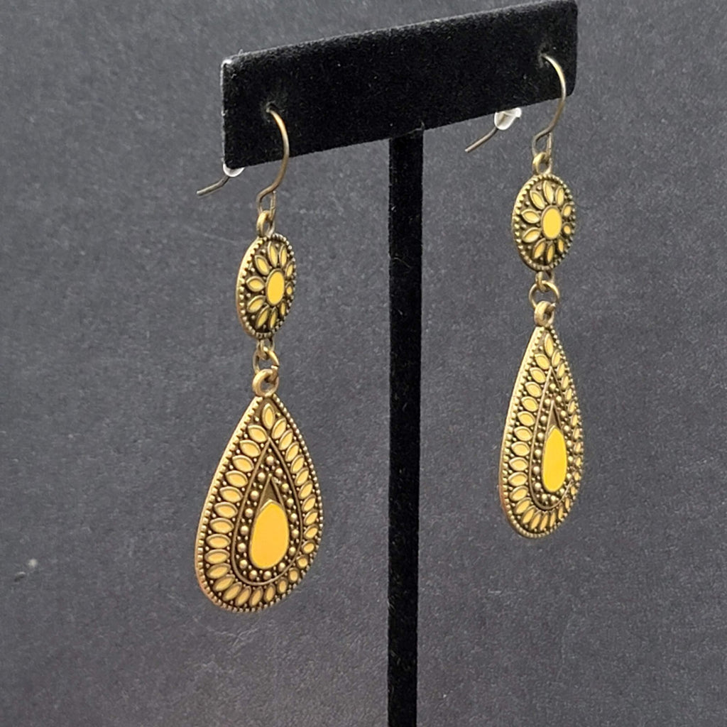 New Boho Pierced Earrings Antiqued Gold tone Lt Orange Enamel Teardrop Dangle 2"