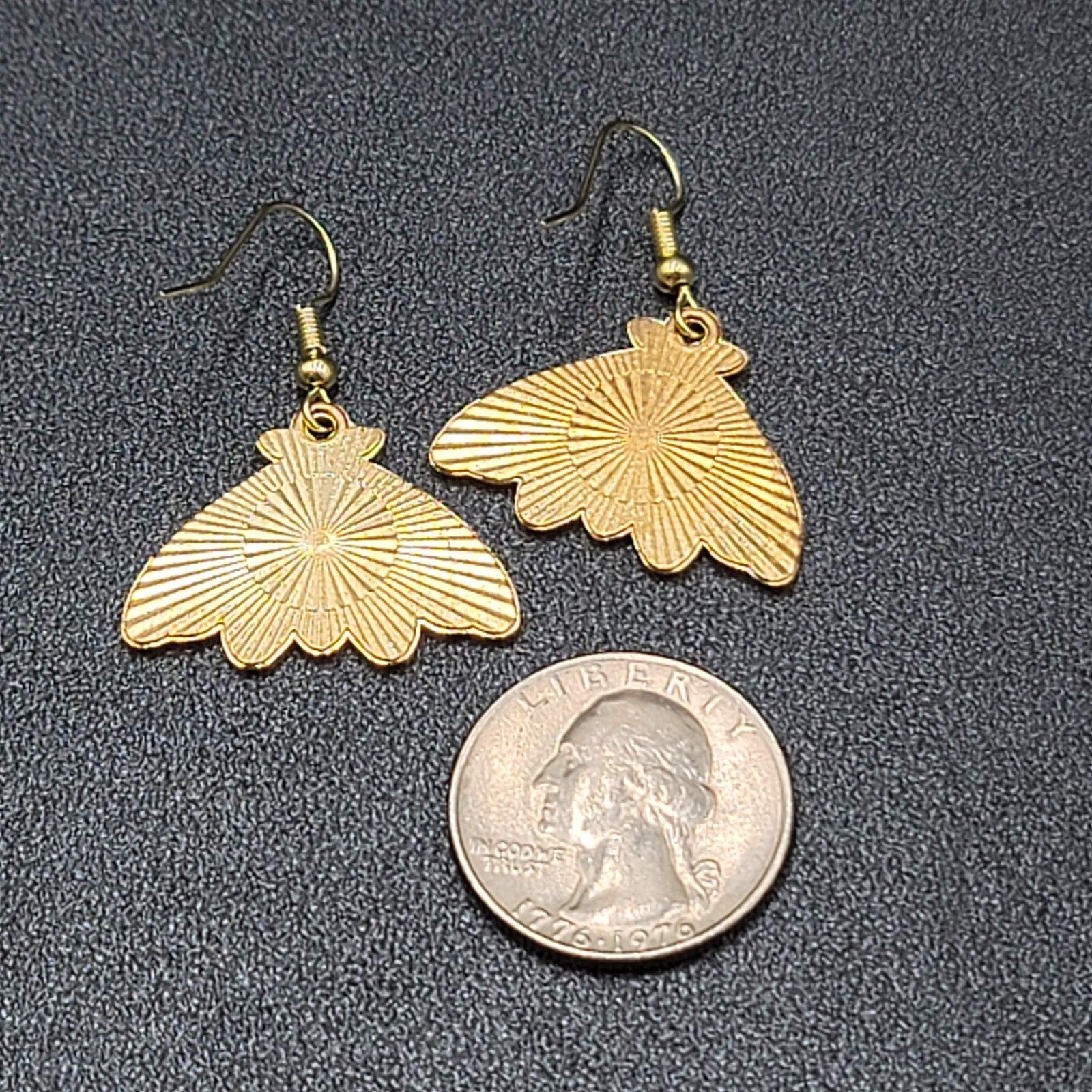 Evil Eye Moth Pierced Earrings Gold tone Blue Enamel Dangle 3/4"