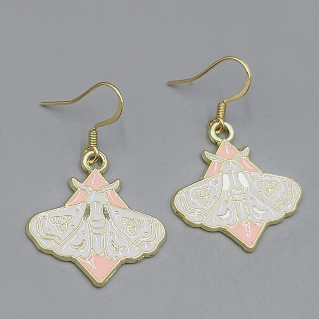 White Moth Pink Enamel Pierced Earrings Gold tone Dangle Butterfly 1"
