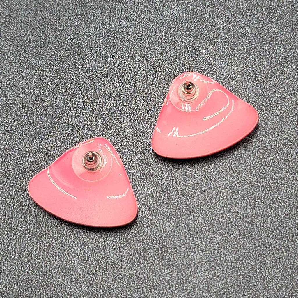 Vintage Pierced Earrings Pink Enamel Triangle Drop 1"