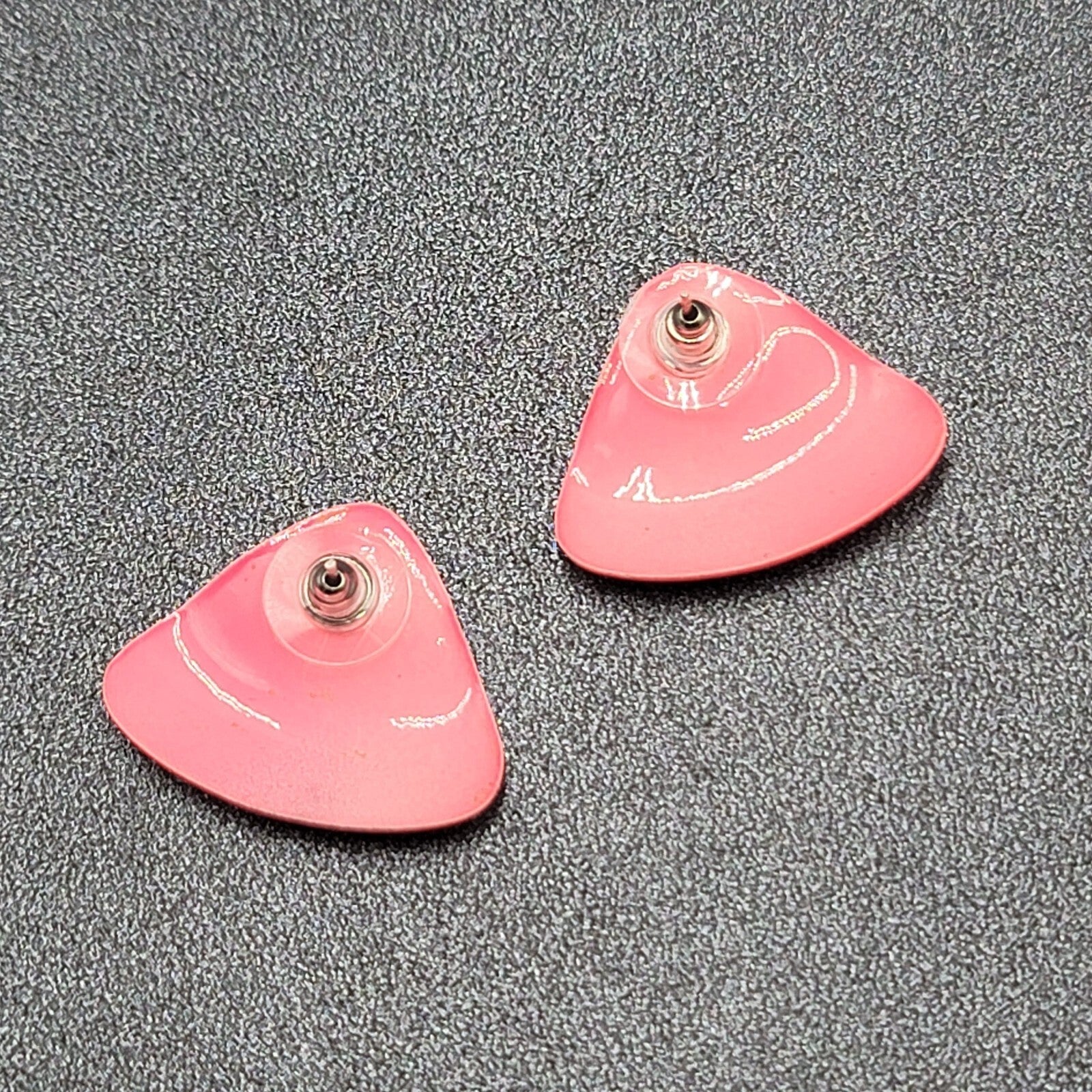 Vintage Pierced Earrings Pink Enamel Triangle Drop 1"