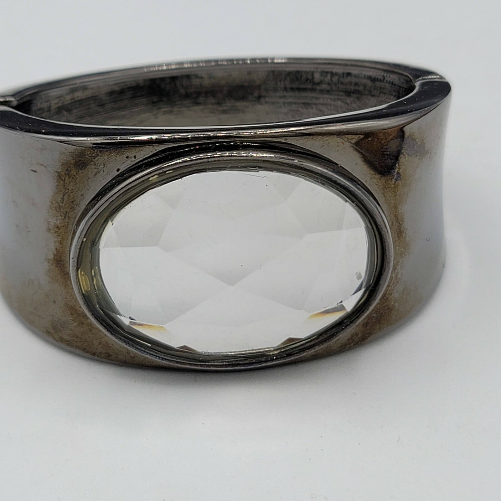 Black Metal Large Clear faceted Acrylic Statement Hinged Cuff Bracelet 