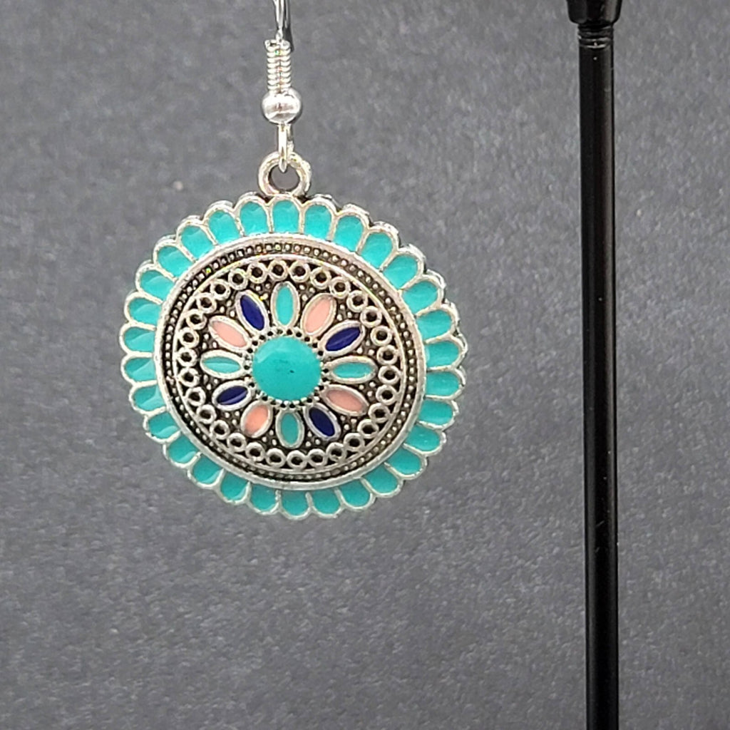 Pierced Earrings Silver tone Enamel Medallion Round Dangle Multicolor 1"