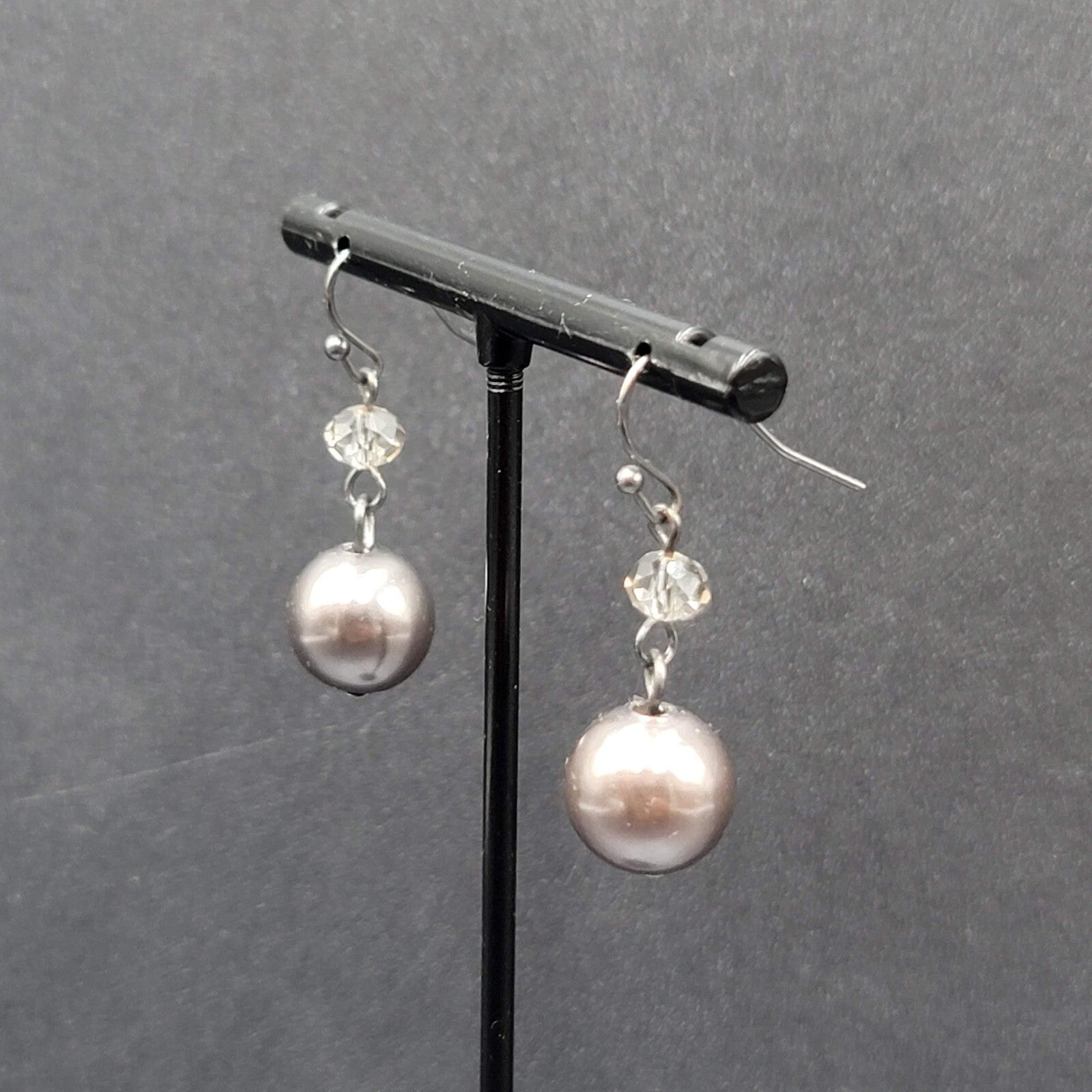 Pierced Earrings Silver tone Dark Gray Bead Dangle  1"