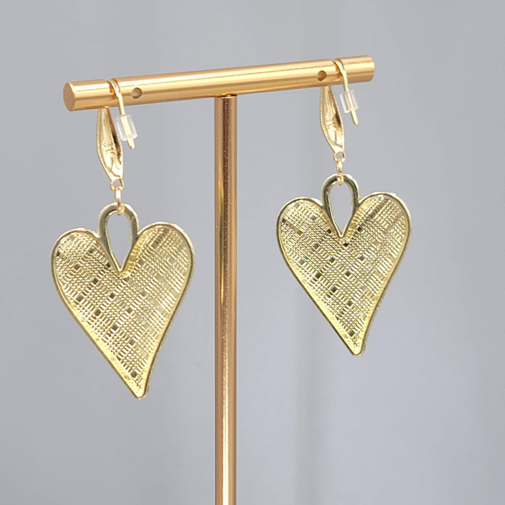 Green Enamel Checkered Heart Pierced Earrings Gold tone Dangle Large 1.5"
