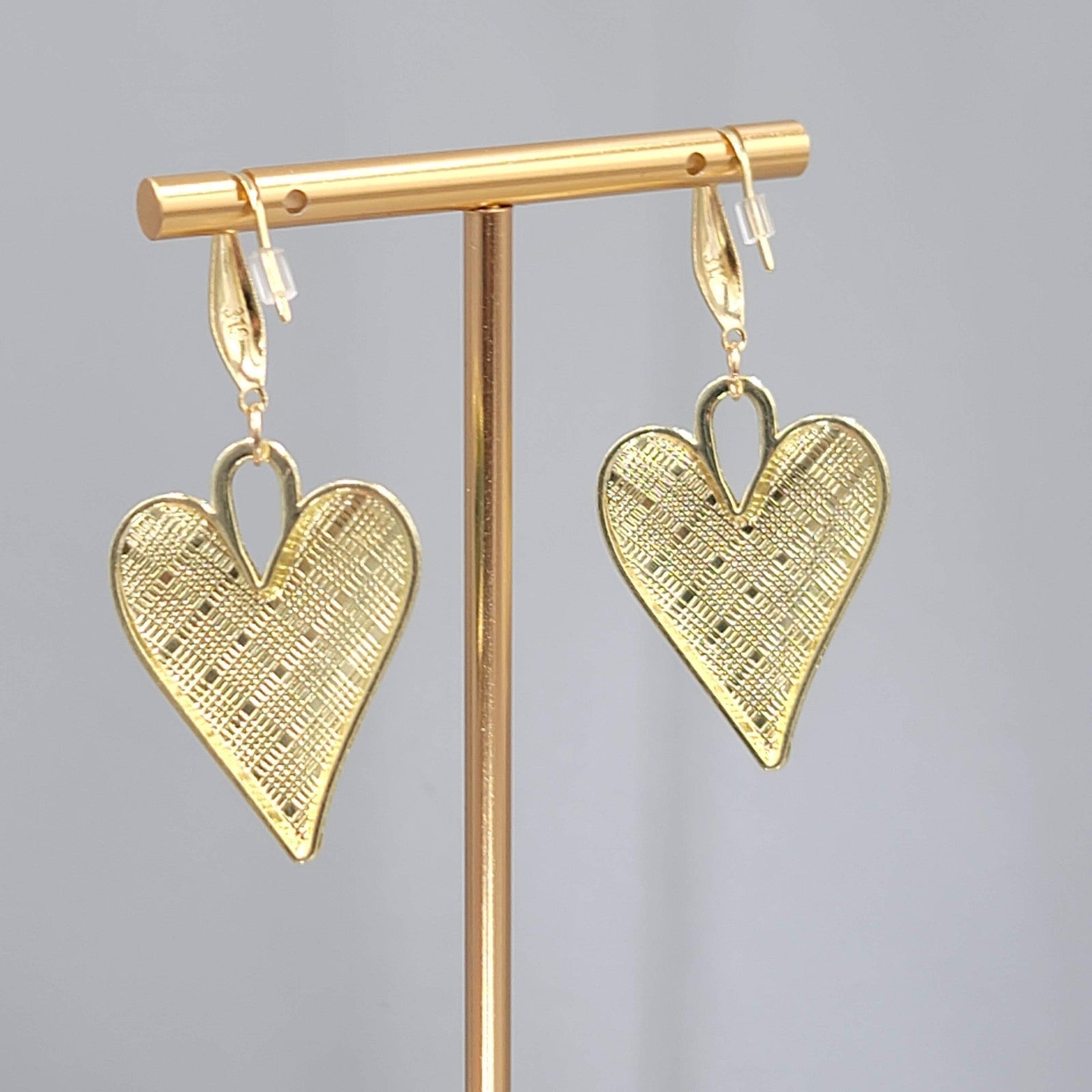 Green Enamel Checkered Heart Pierced Earrings Gold tone Dangle Large 1.5"