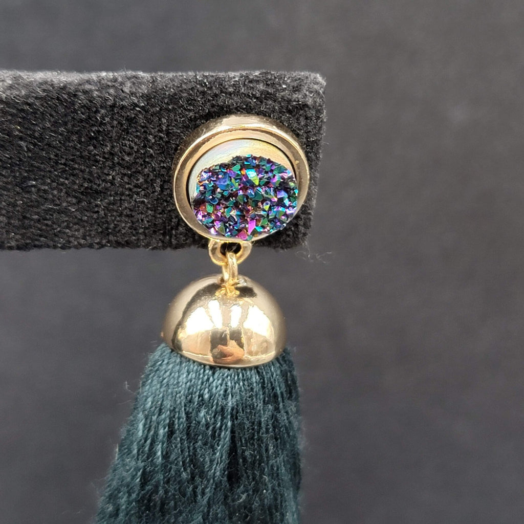Pierced Earrings Gold tone Green Tassel Faux Druzy Dangle 2.25"