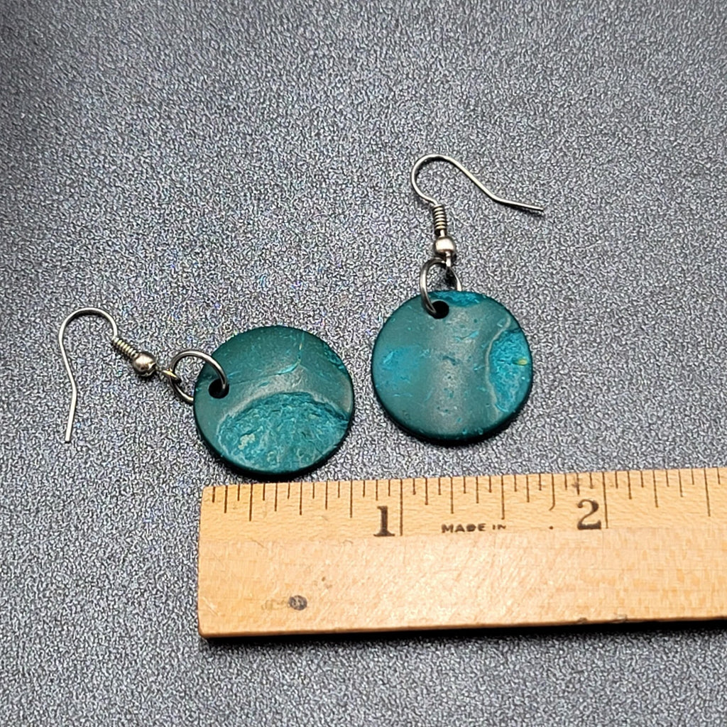 Pierced Earrings Teal Blue Coir Coconut Shell Round Dangle 3/4"