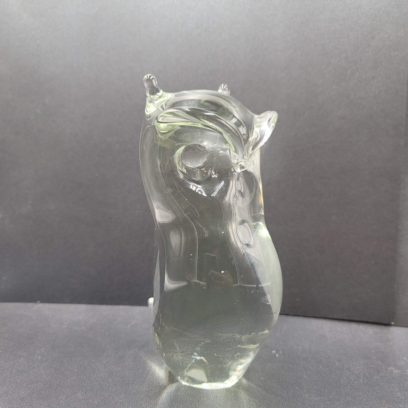Vintage Solid Clear Glass Owl Figurine Hand Blown Mid Century 6.5" Rare Find