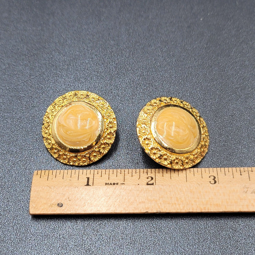 Vintage Pierced Earrings Gold Plated Large Round Enamel 1.25"