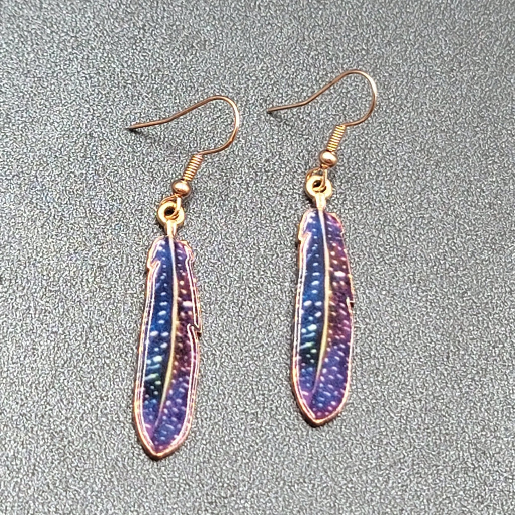 Metal Feather Pierced Earrings Blue Purple White Specks Gold tone Dangle 1.5"