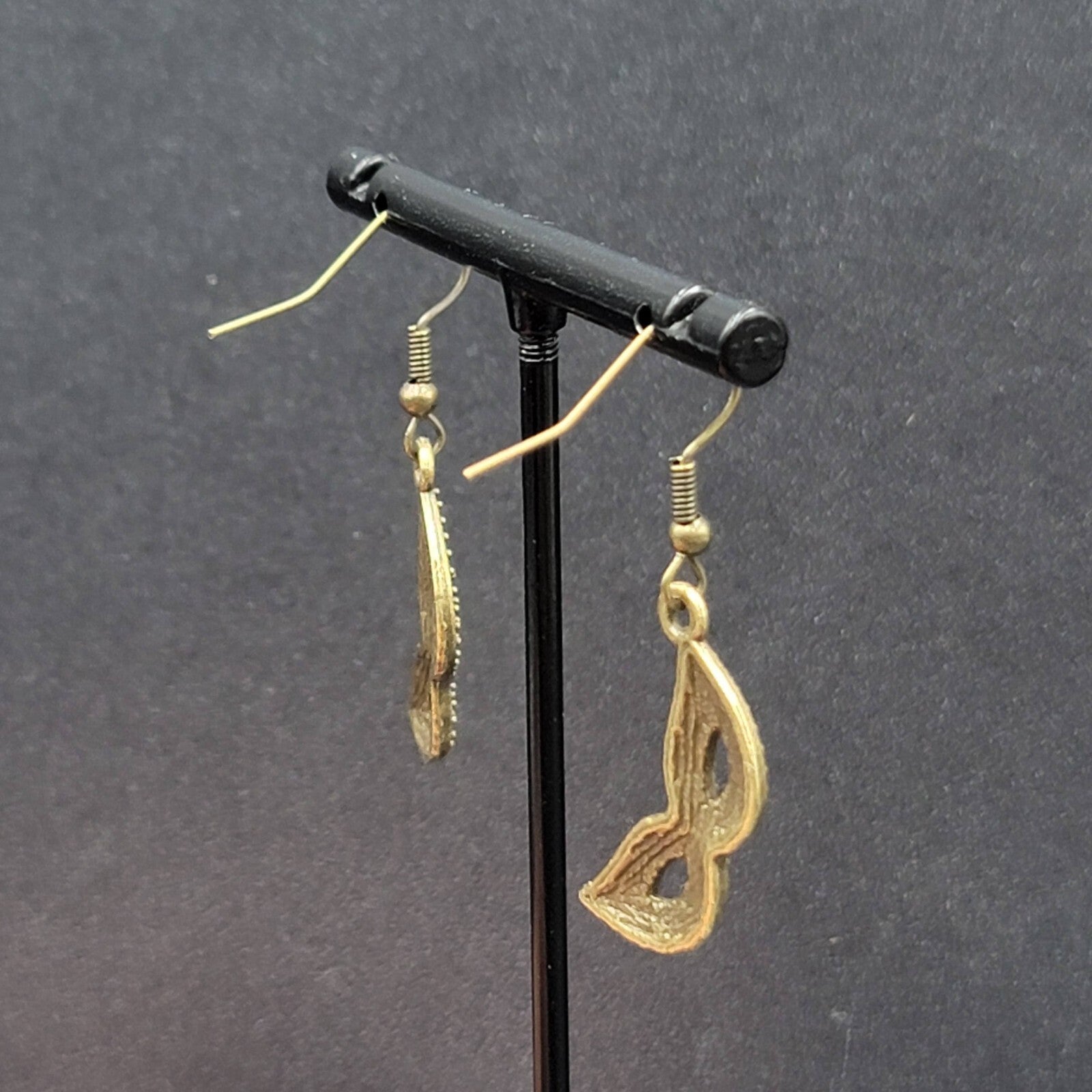 Masquerade Mask Pierced Earrings Bronze tone Metal Embossed Dots Dangle  1"