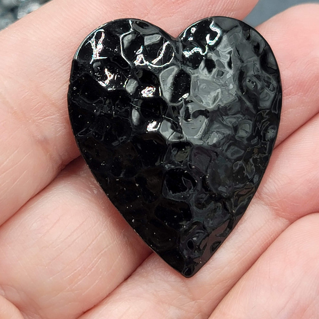 Vintage Heart Pierced Earrings Black Enamel Hammered Metal 1 3/8"