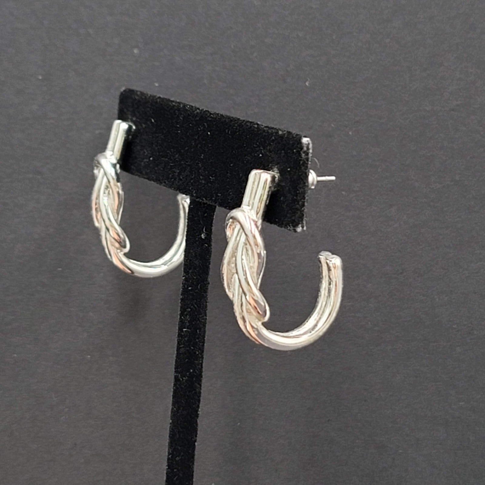 Square Knot Half Hoop Drop Pierced Earrings Silver tone 1"