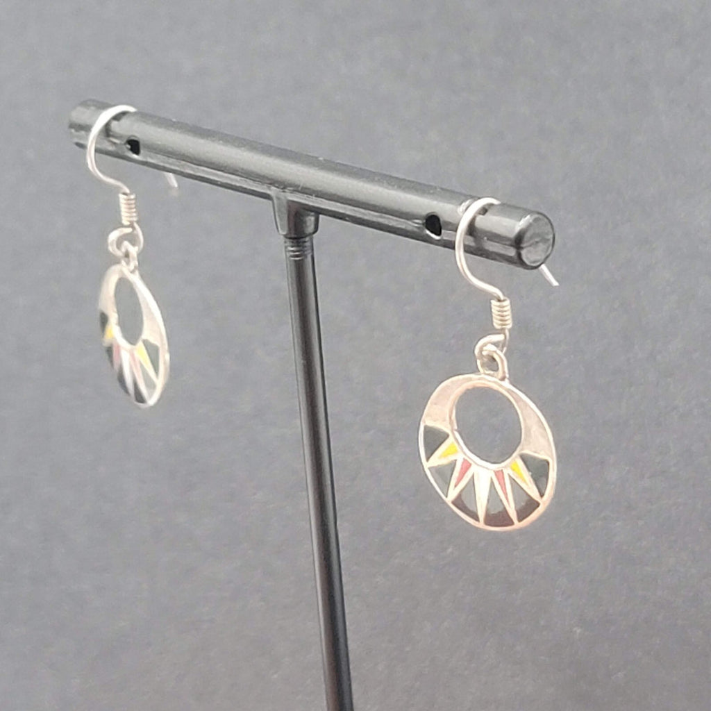 Mexico Sterling Silver Pierced Earrings Enamel Red Black Yellow 925. 5/8"