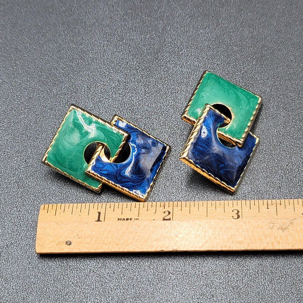 Vintage Pierced Earrings Gold tone Blue Teal Enamel Double Square Drop 2"