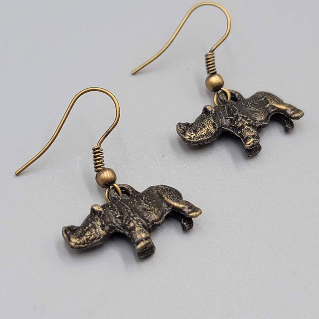 Rhinoceros Pierced Earrings Bronze tone Dangle 1/2"