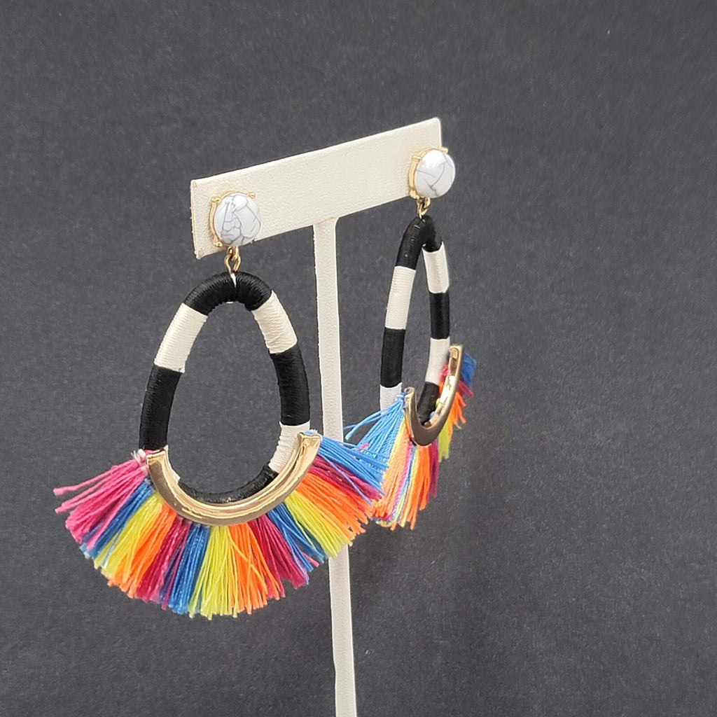 SugarFix Pierced Earrings Rainbow Black White Tassel Dangle Hoops 3"