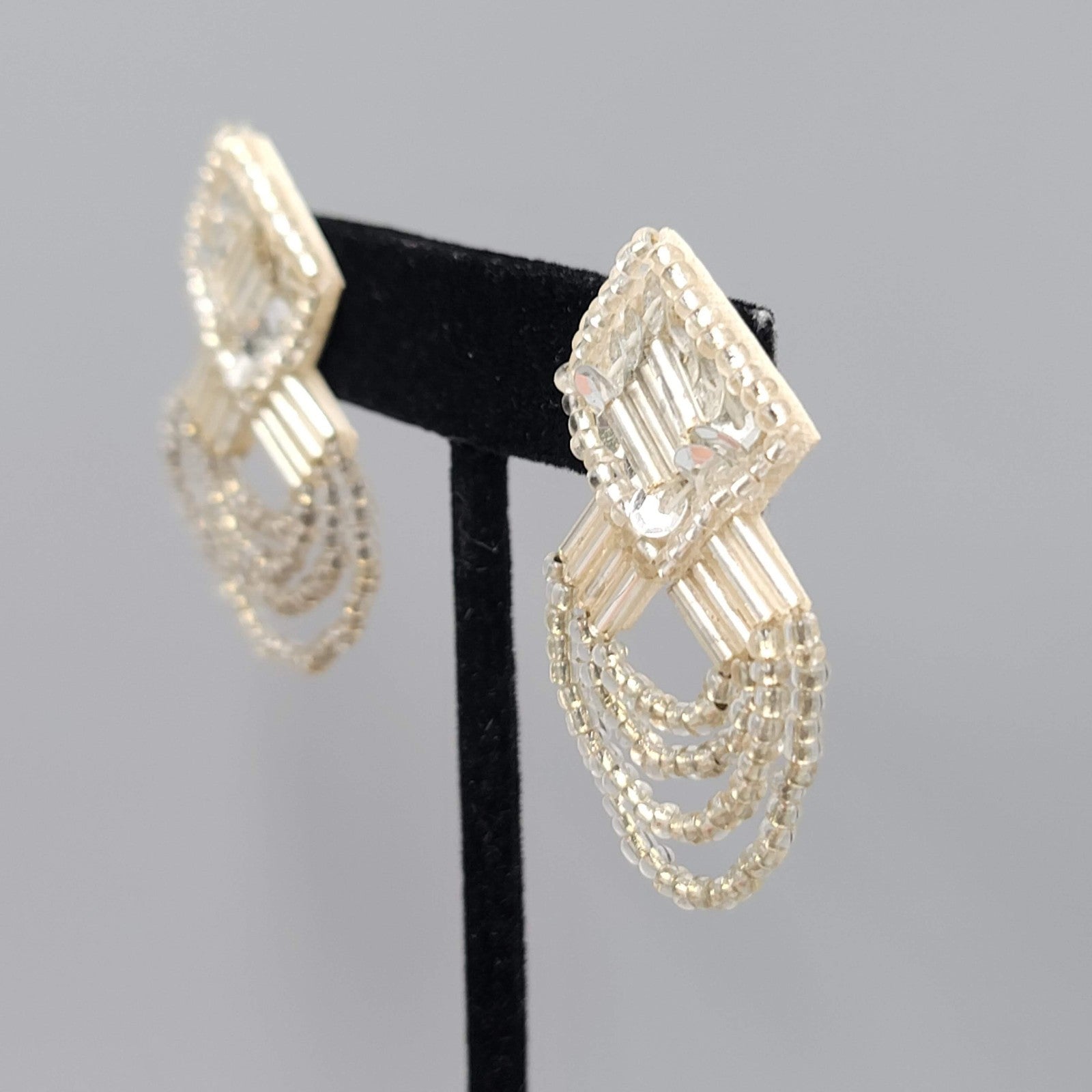 Vintage White Leather Pierced Earrings Silver tone Seed Beads Statement 1.5 in