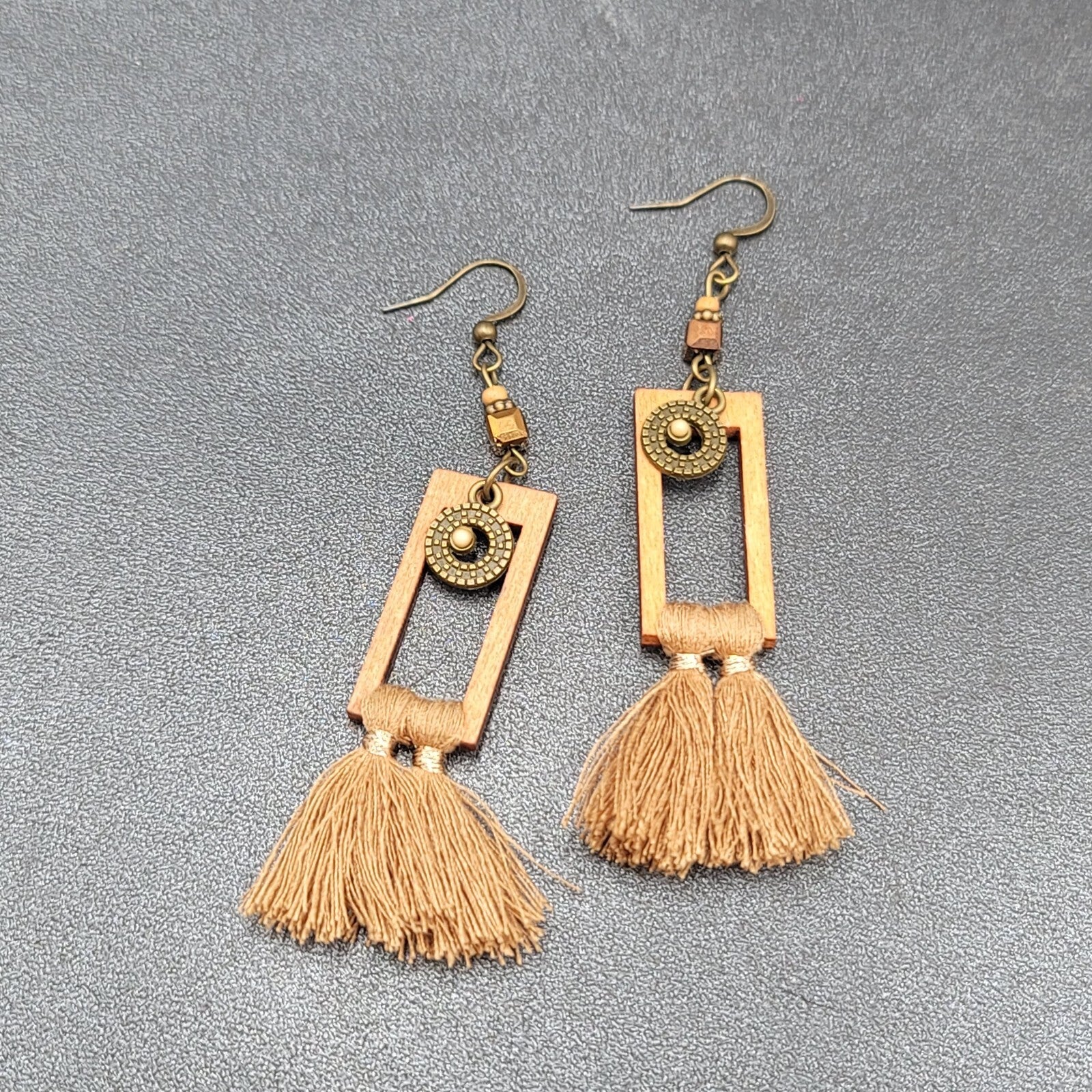 Tassel Pierced Earrings Bronze tone Wood Rectangle Dangle 2.5"