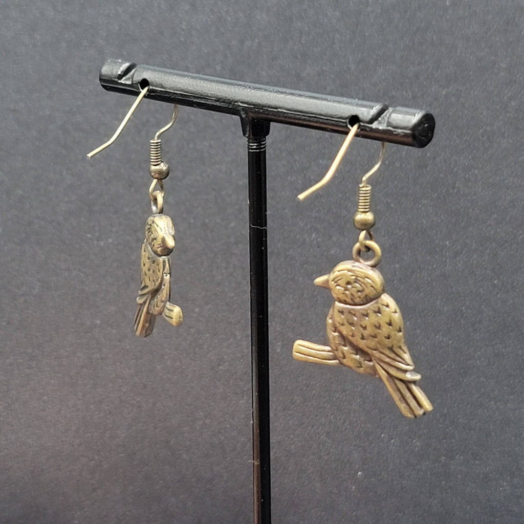 Bird on Perch Pierced Earrings Bronze tone Embossed Dangle 1"
