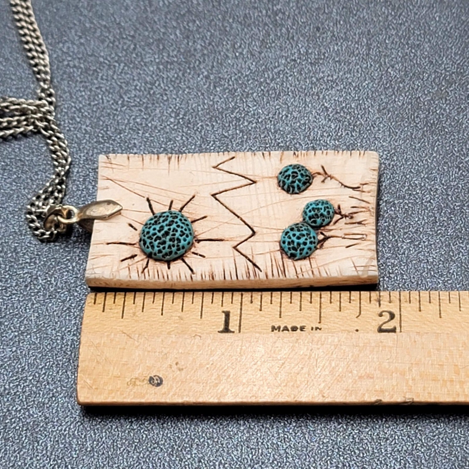 Artisan Hand Made Wood Burning Pendant Necklace Flowers Mountains Silver tone 18