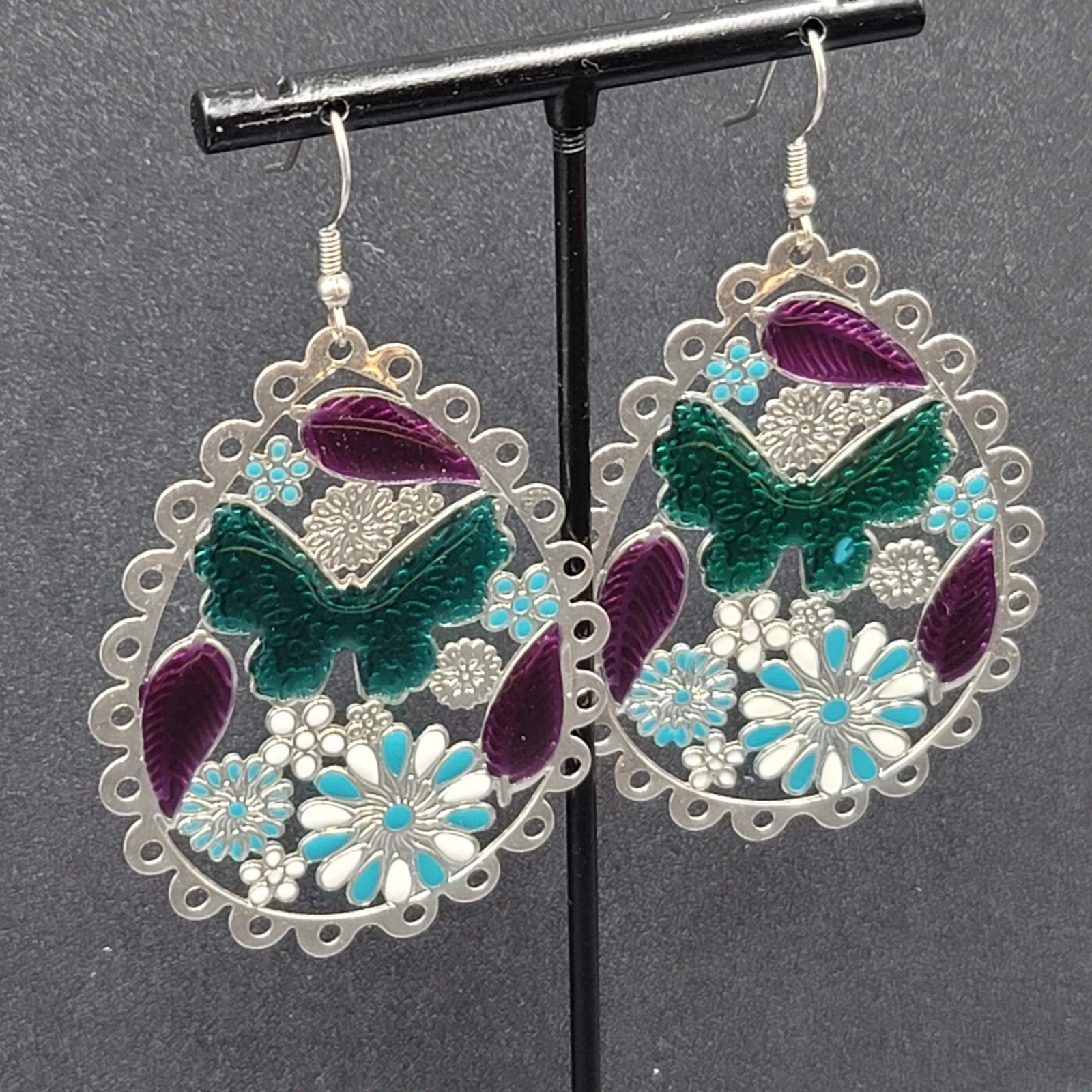 Pierced Earrings Large Silver tone Teardrop Butterfly Flowers Dangle 2.25"
