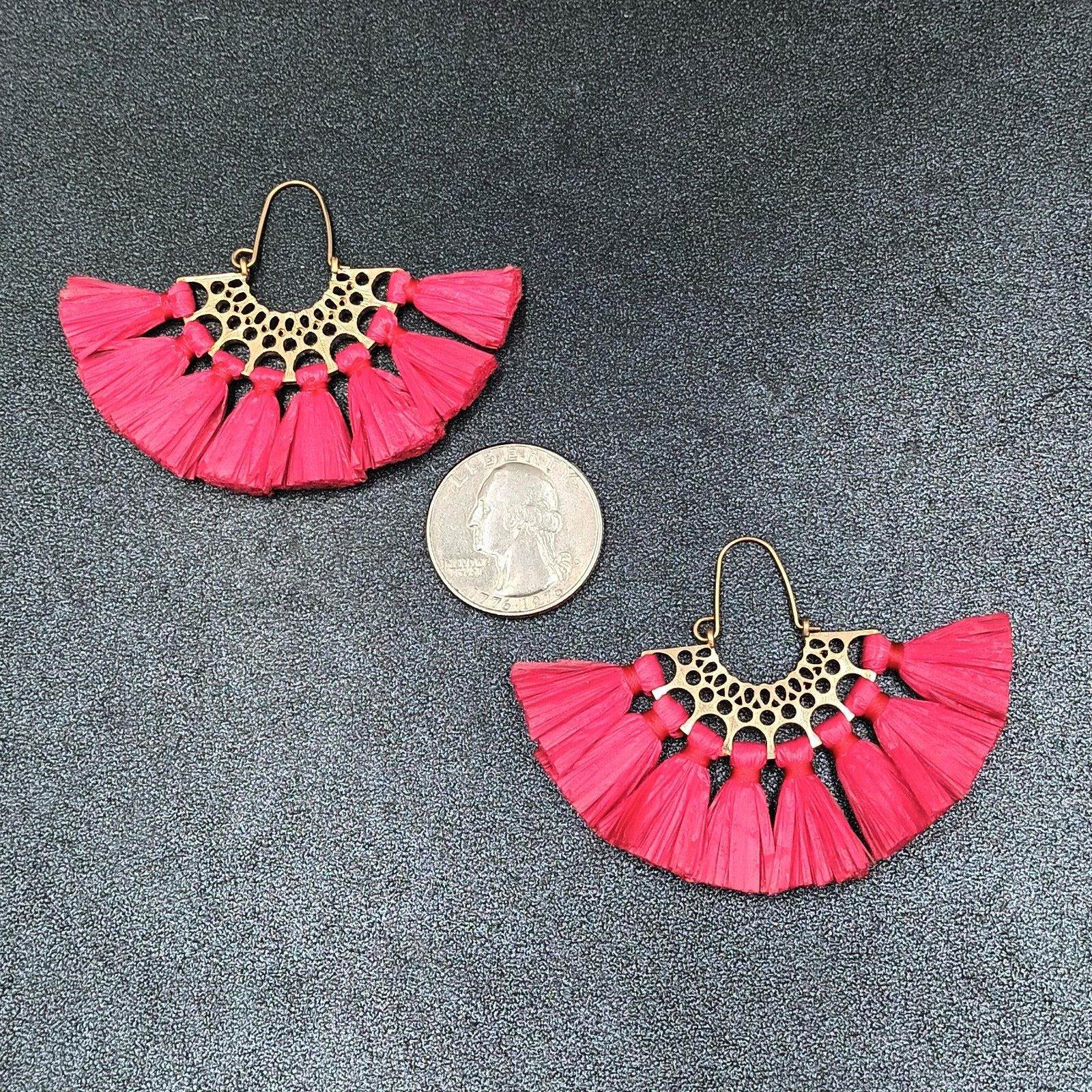 Boho Pierced Earrings Gold tone Red Rattan Tassel 1.25"