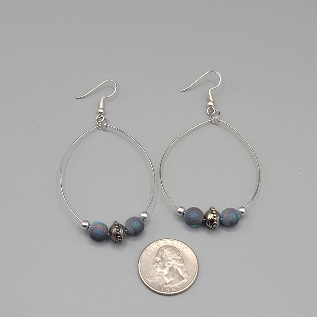 Pierced Earrings Silver tone Multicolor Blue Beads Hoops 2"
