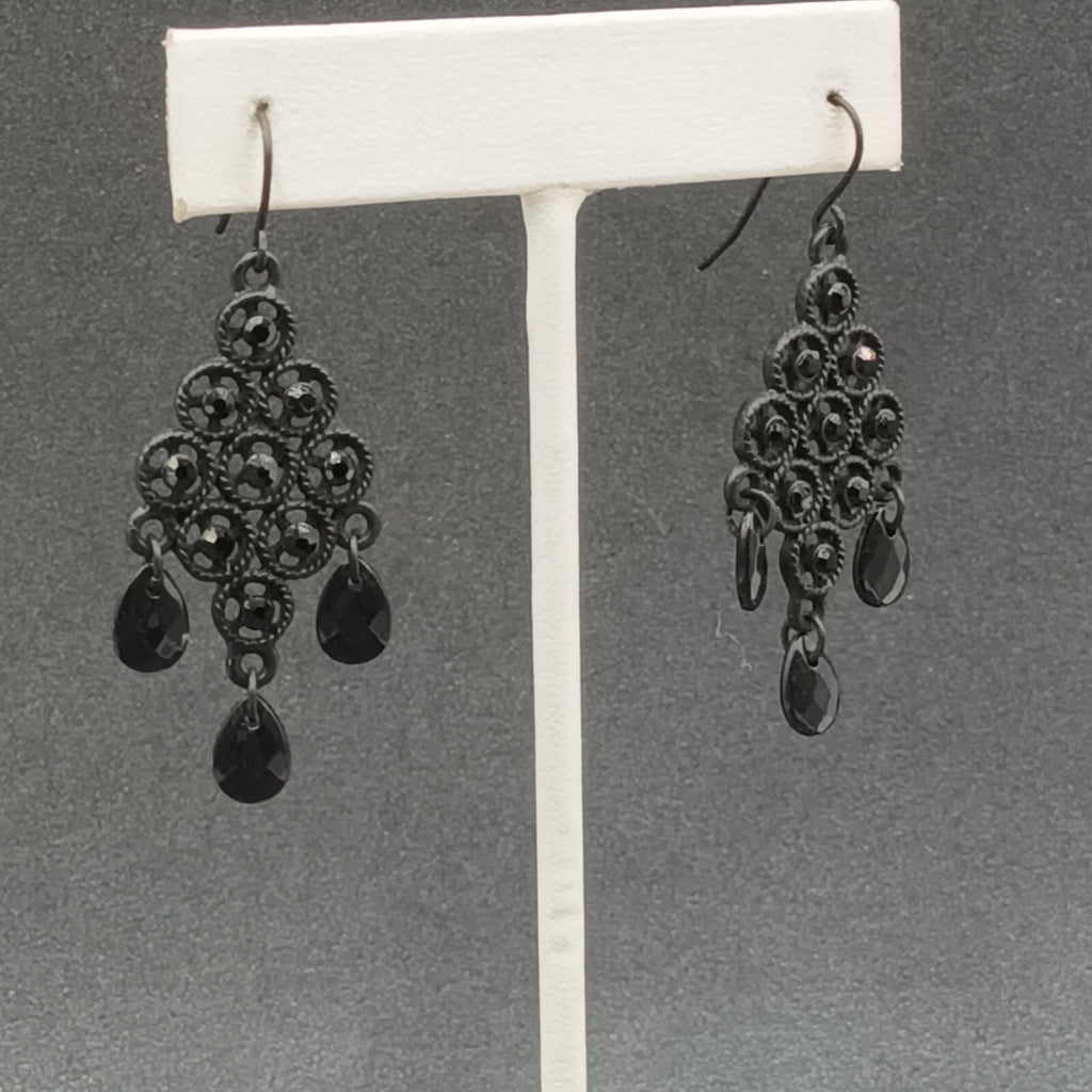 Pierced Earrings Black Metal Faceted Acrylic Chandelier Statement Dangle 1 3/4"