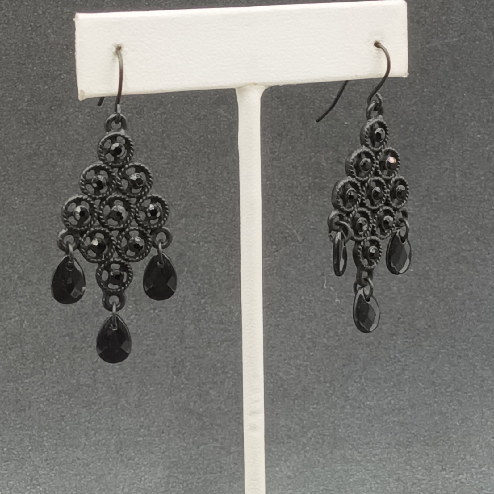 Pierced Earrings Black Metal Faceted Acrylic Chandelier Statement Dangle 1 3/4"
