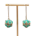 Green Rhinestone Blue Enamel Boho Pierced Earrings Gold tone Dangle 2.5 in