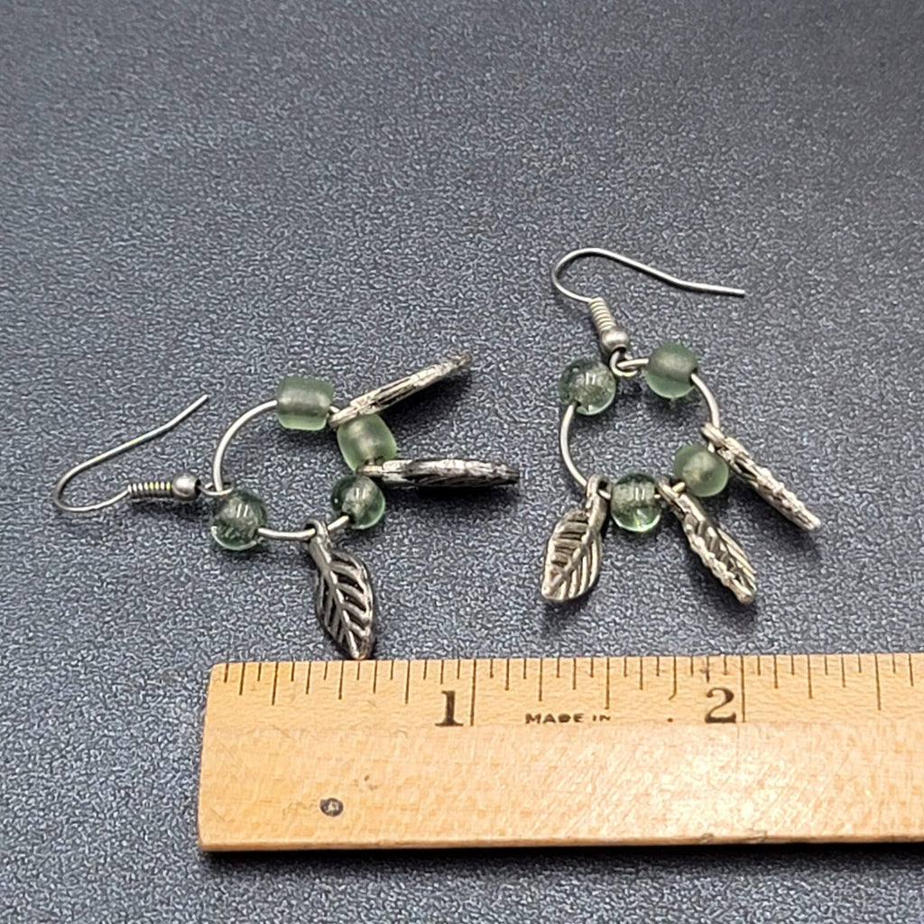 Pierced Earrings Silver tone Green Glass Bead Leaves Dangle  1.25"