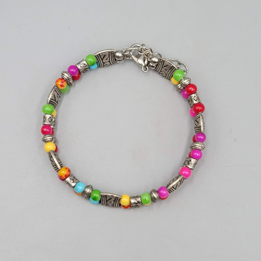 Bright Multicolor Bead Bracelet Silver tone Adjustable 7" - 8"