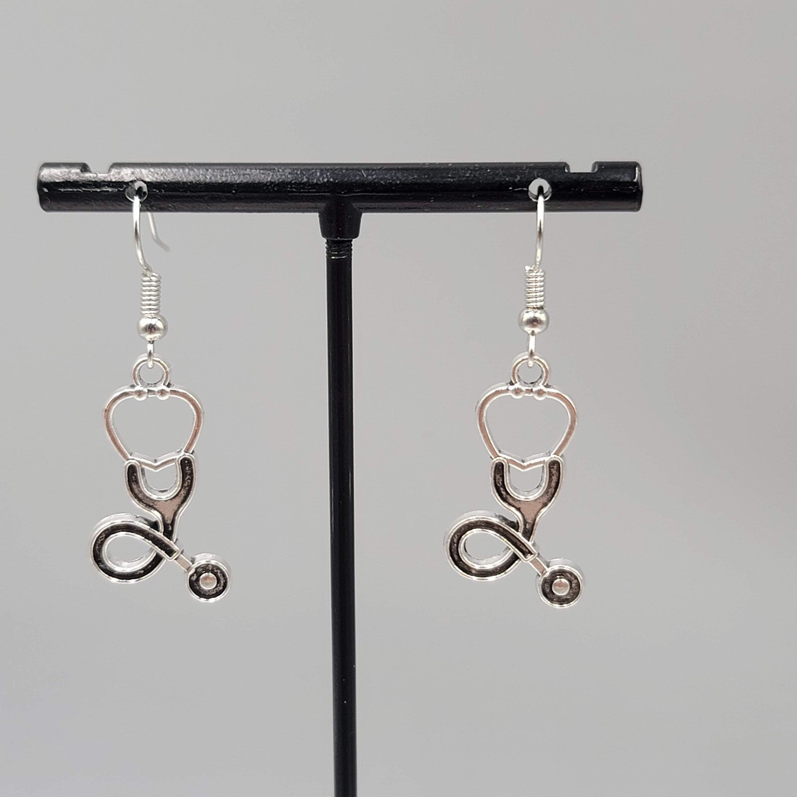 Stethoscope Pierced Earrings Medical Nurse Doctor Dangle Silver tone 1 1/8"