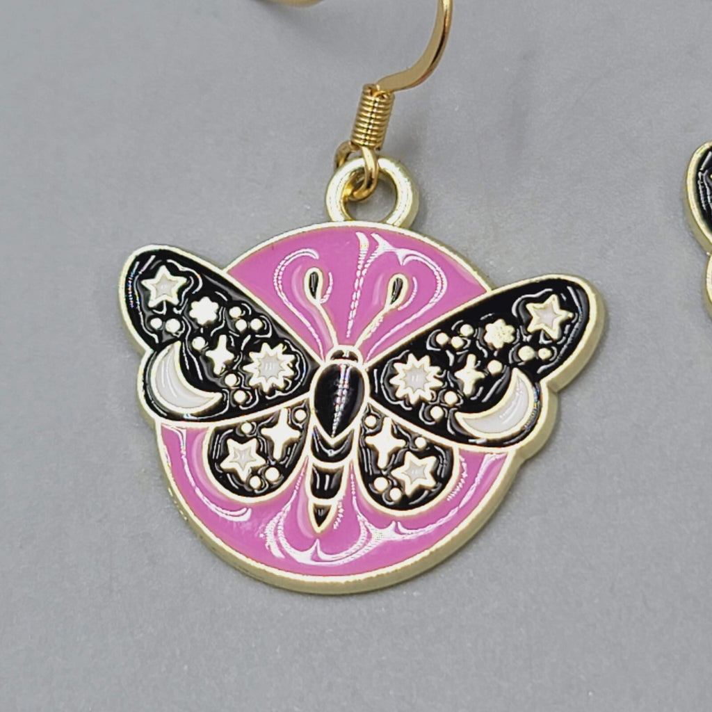 Black Moth Hot Pink Enamel Pierced Earrings Gold tone Dangle Butterfly 7/8"