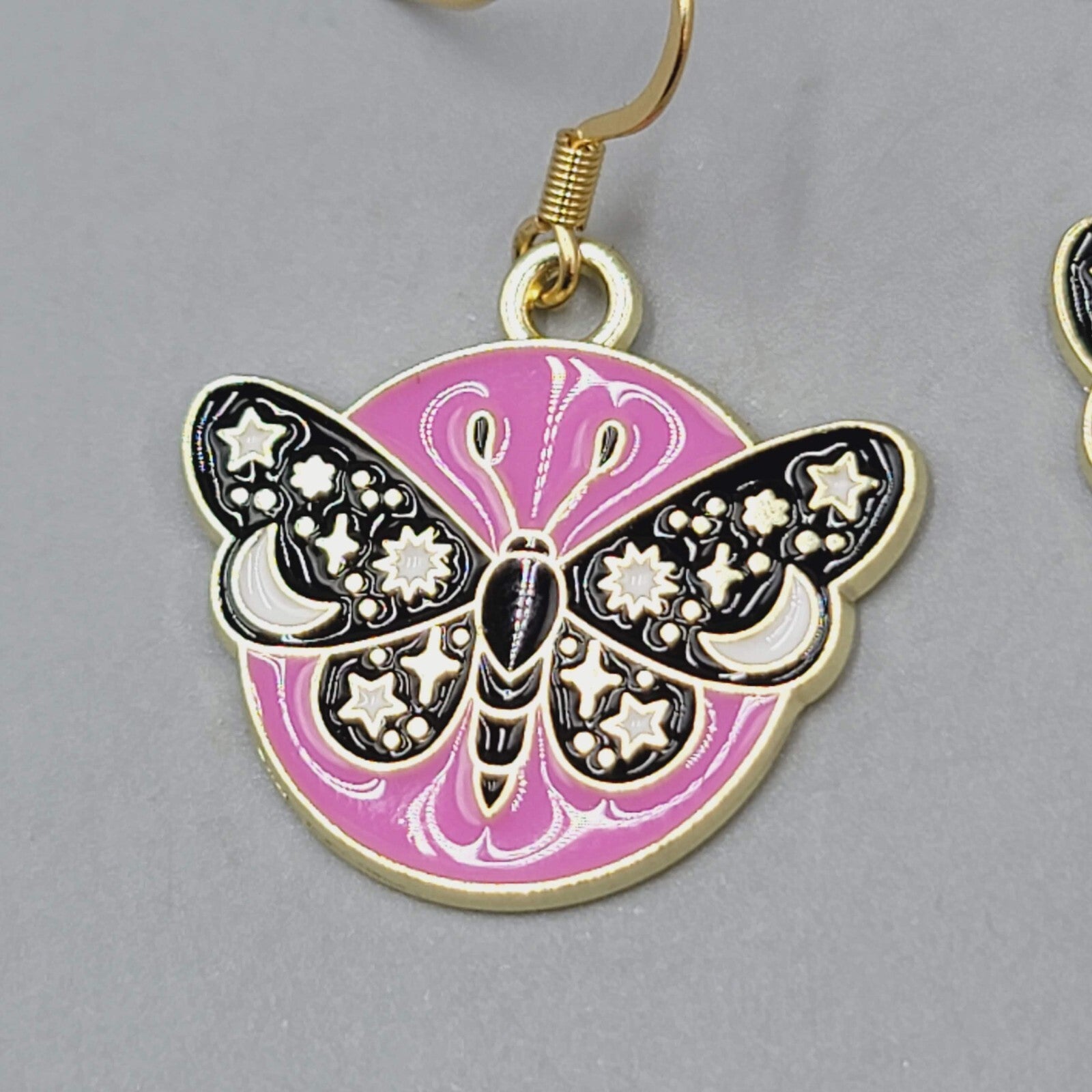 Black Moth Hot Pink Enamel Pierced Earrings Gold tone Dangle Butterfly 7/8"