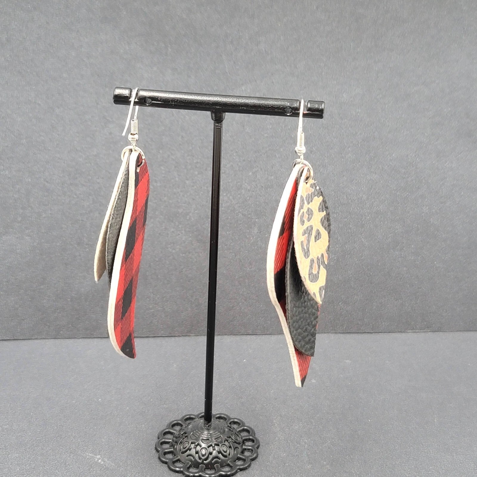 Pierced Earrings Faux Leather Leopard Print Red Plaid Silver tone Dangle 3"