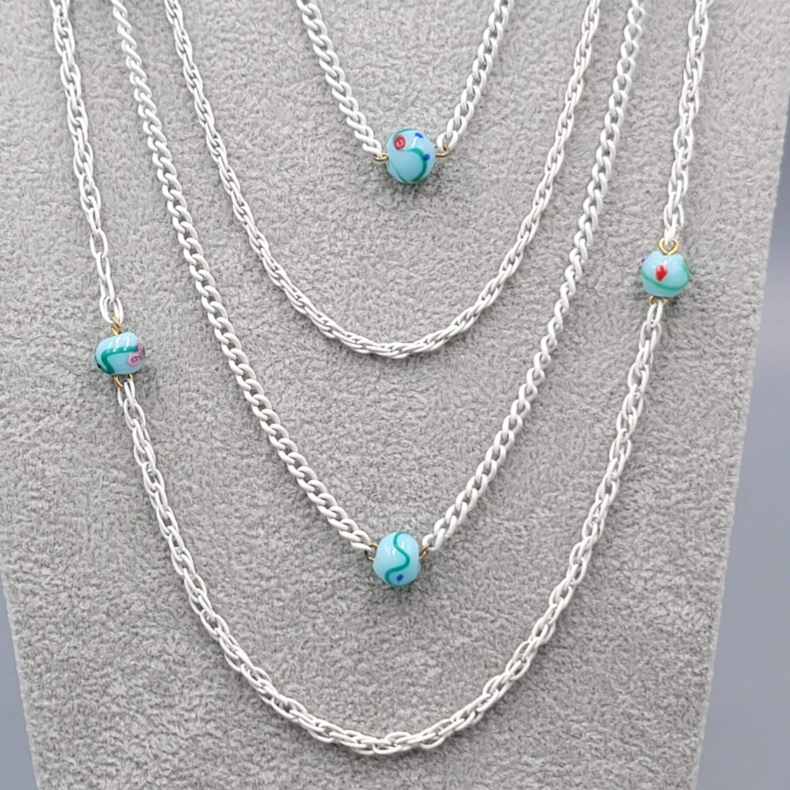 Vintage Art Glass Beads Necklace White Enamel Multi Chain 22" Shortest Length