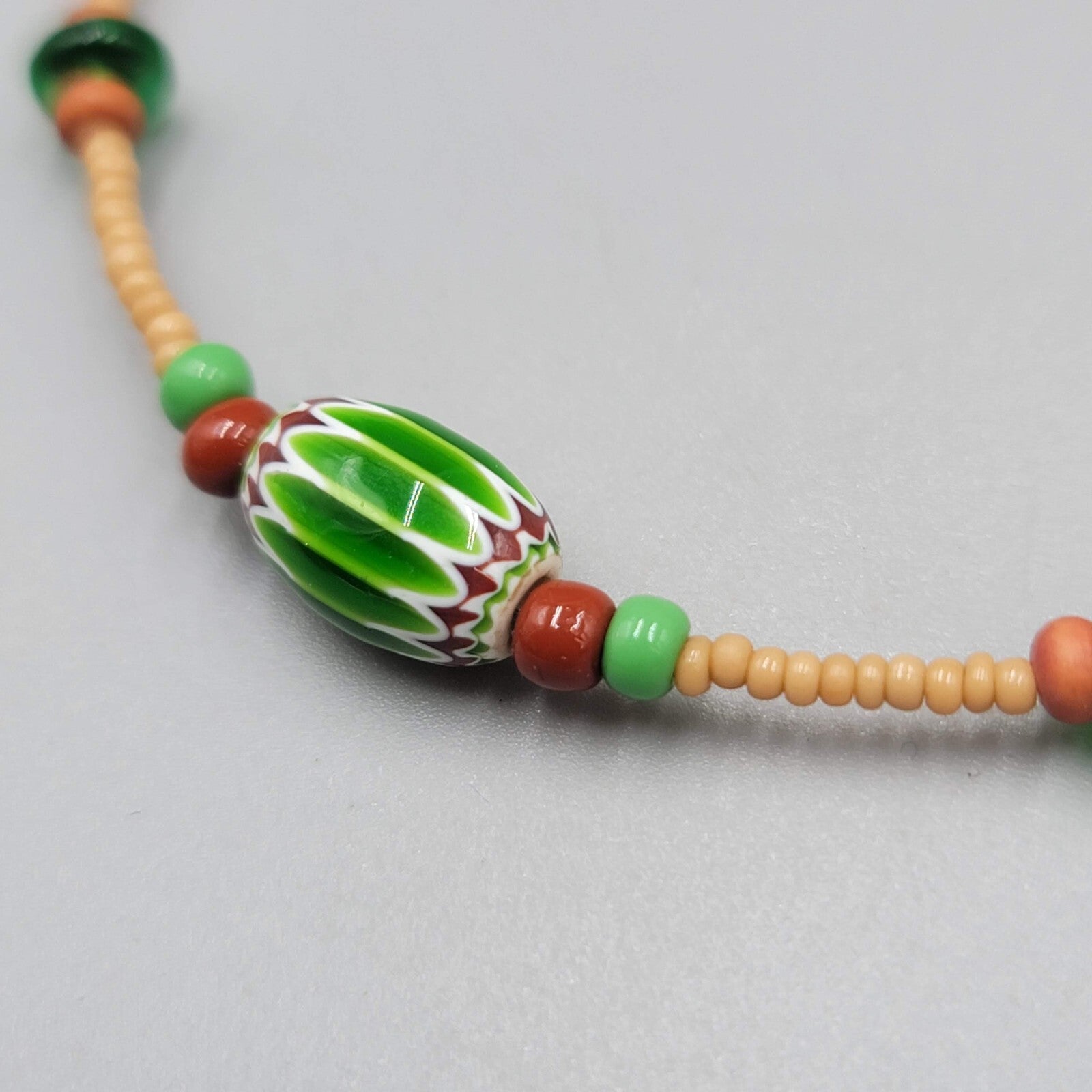 Art Glass Bead Necklace Tan Seed Bead Minimalist 16"