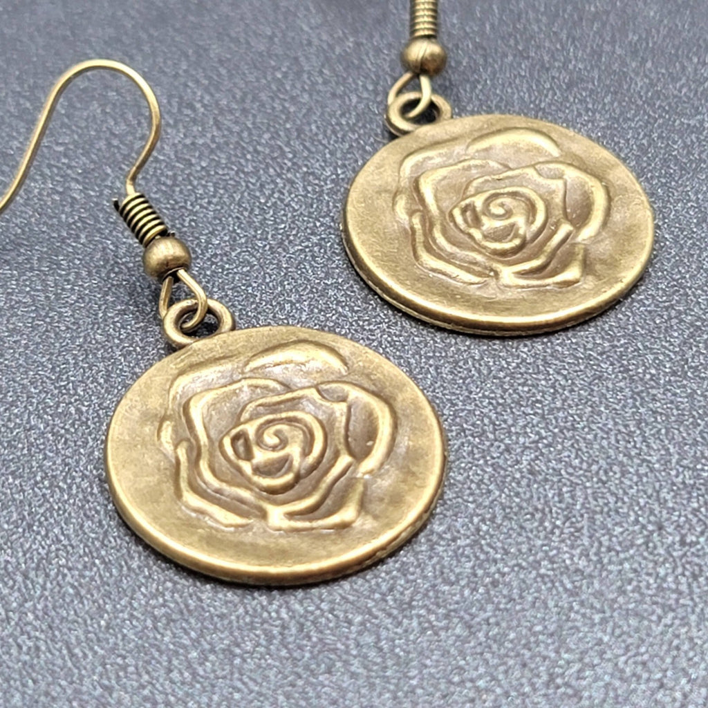 New Embossed Rose Flower Hat Pierced Earrings Bronze tone Round Dangle 1"
