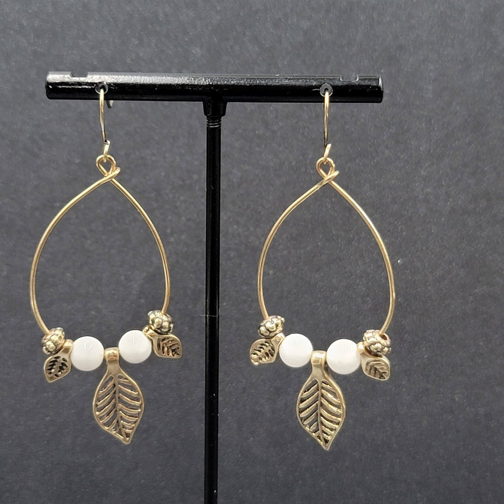 Pierced Earrings Gold tone White Bead Dangle Leaf Hoops 2.25"