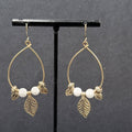 Pierced Earrings Gold tone White Bead Dangle Leaf Hoops 2.25"